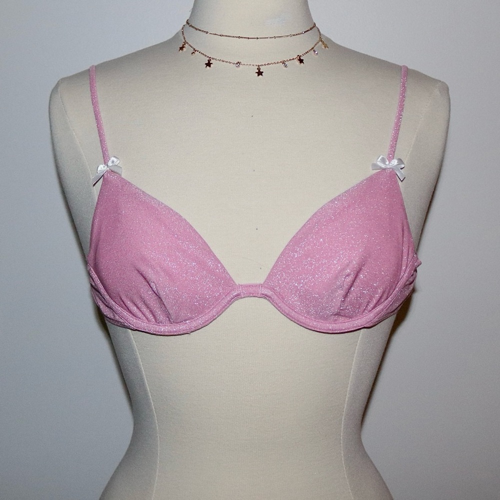 Brand new pink glittery bikini top with white bows